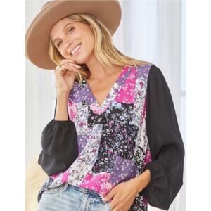 Andree by Unit Womens Patchwork‎ Floral Blouse Sz L Boho Festival Colorful Artsy